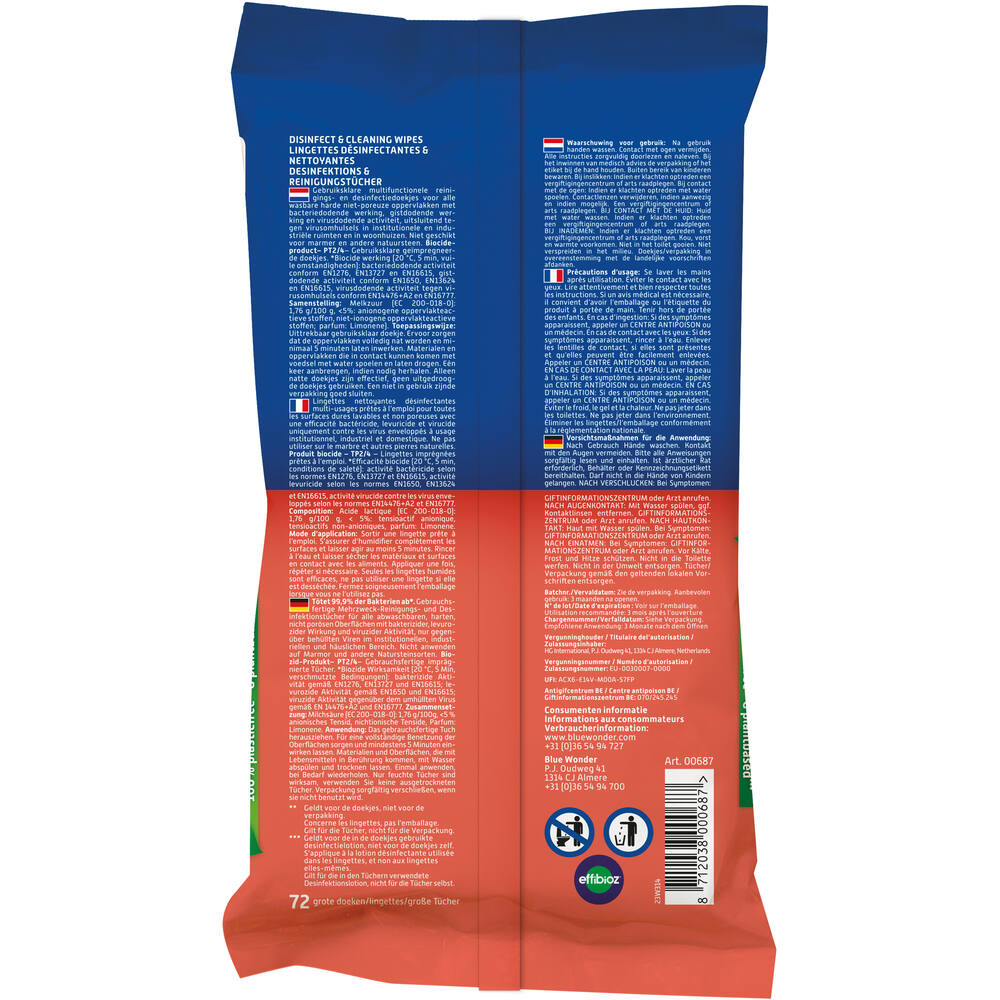 Blue Wonder Desinfectie & Cleaning Wipes 72x1 st