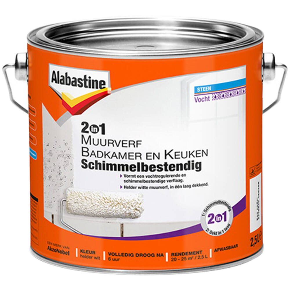 Alabastine 2In1 Muurverf Badkamer & Keuken Schimmelbestendig 2,5 L