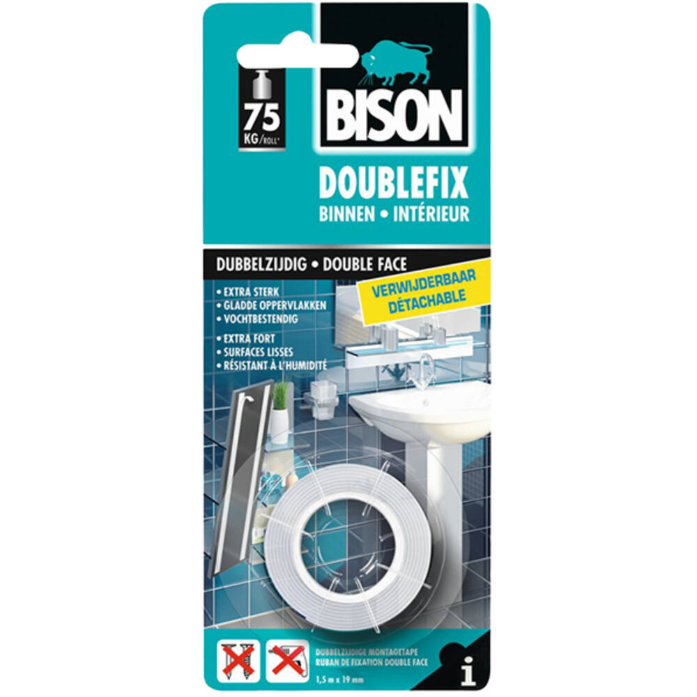 Bison Dubbel Fix Verwijderbare Schuimtape Wit 19 mm x 1,5 m