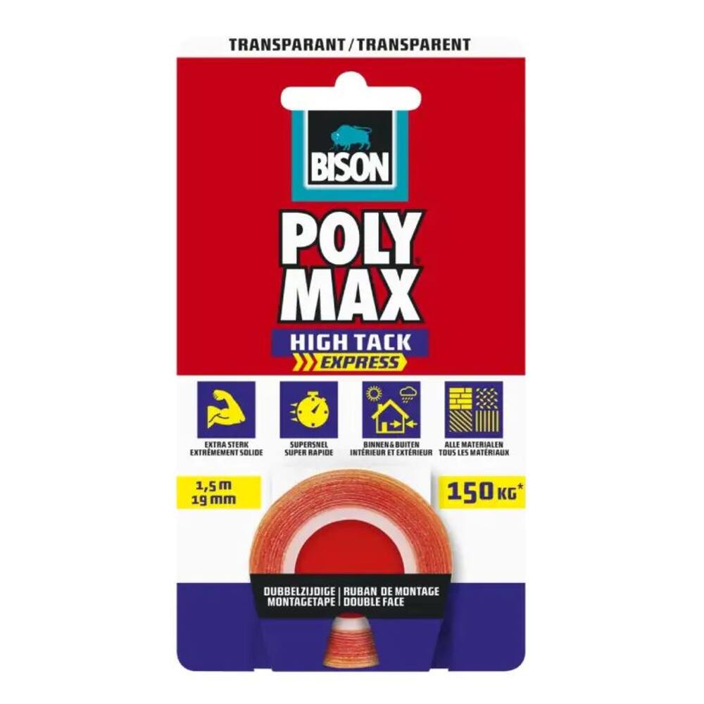 Bison Poly Max High Tack Express Montagetape Transparant 1.5 m