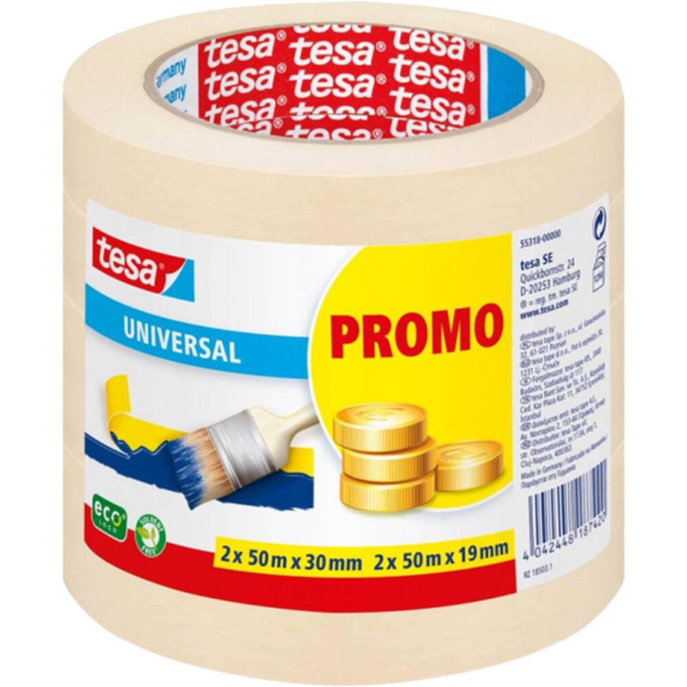 Tesa Afplakband Basic 2 x 50 m x 19 mm + 2 x 50 m x 30 mm