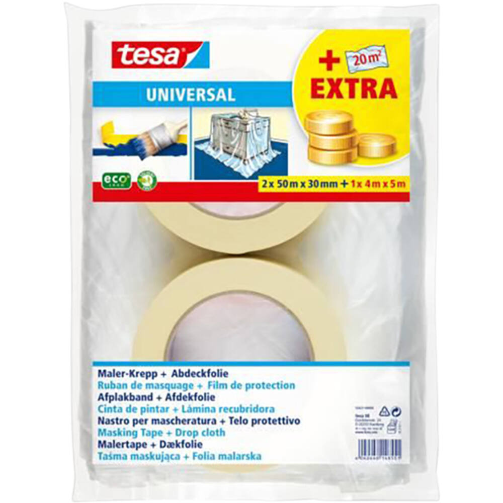 Tesa Afplakband Universal 2 x 50 m x 30 mm + 20 m Afdekfolie