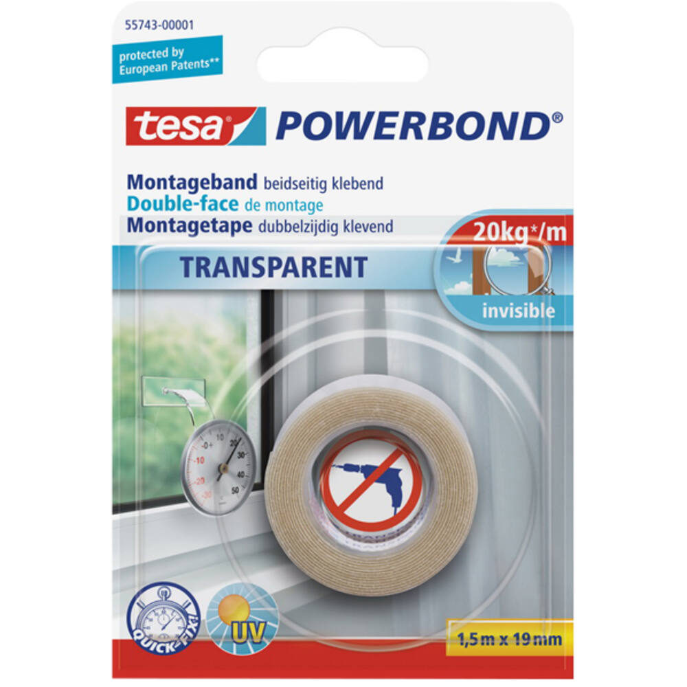 Tesa Powerbond Montagetape Transparant 1,5M x 19 mm