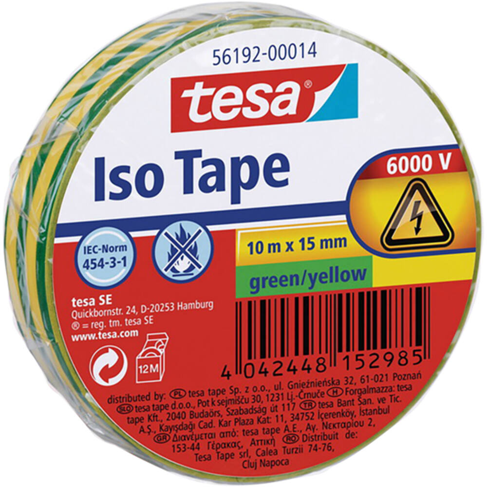 Tesa Electrische Isolatie 10M x 15 mm Groen/Geel