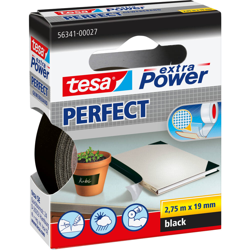 Tesa Extra Power Perfect 2.75 m x 19 mm Zwart Ophangdoosje