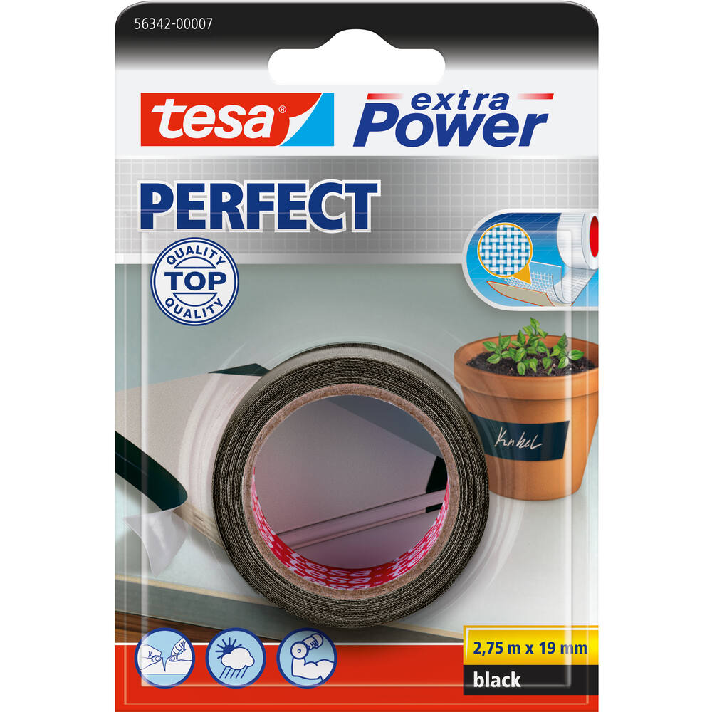 Tesa Extra Power Perfect 2.75 m x 19 mm Zwart Blisterverpakking