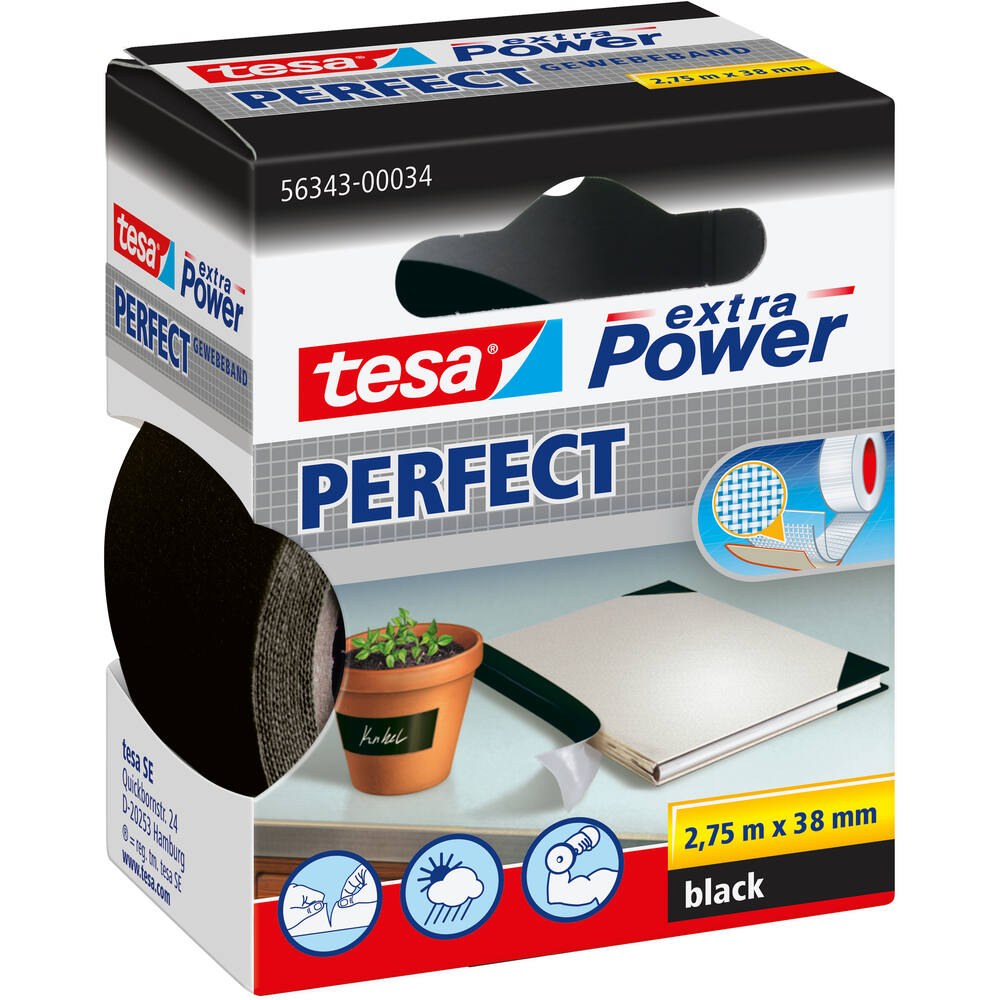 Tesa Extra Power Perfect 2.75 m x 38 mm Zwart Ophangdoosje