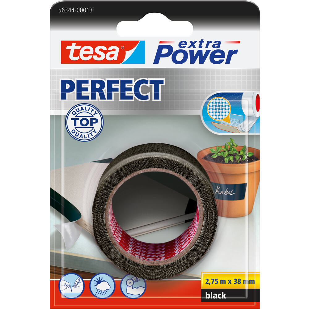 Tesa Extra Power Perfect 2.75 m x 38 mm Zwart Blisterverpakking