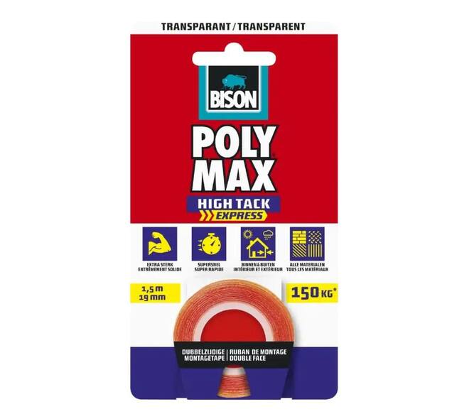 Bison Poly Max High Tack Express Montagetape Transparant 1.5 m