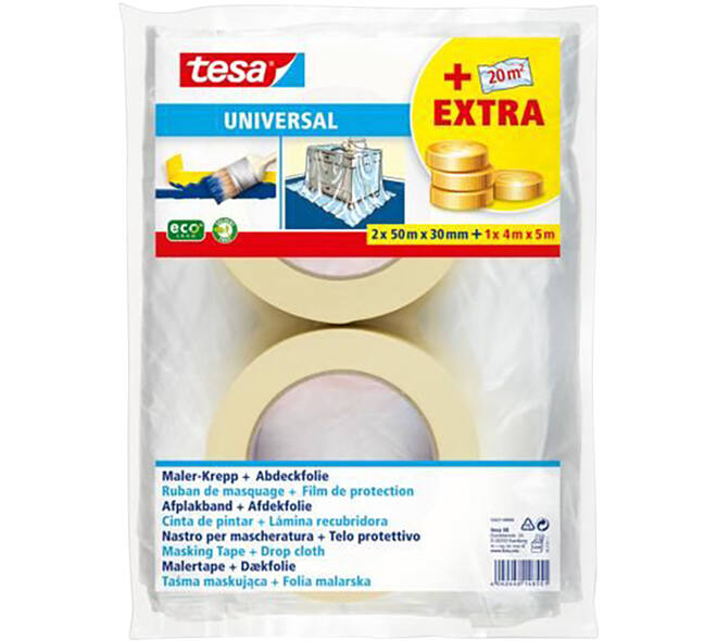 Tesa Afplakband Universal 2 x 50 m x 30 mm + 20 m Afdekfolie