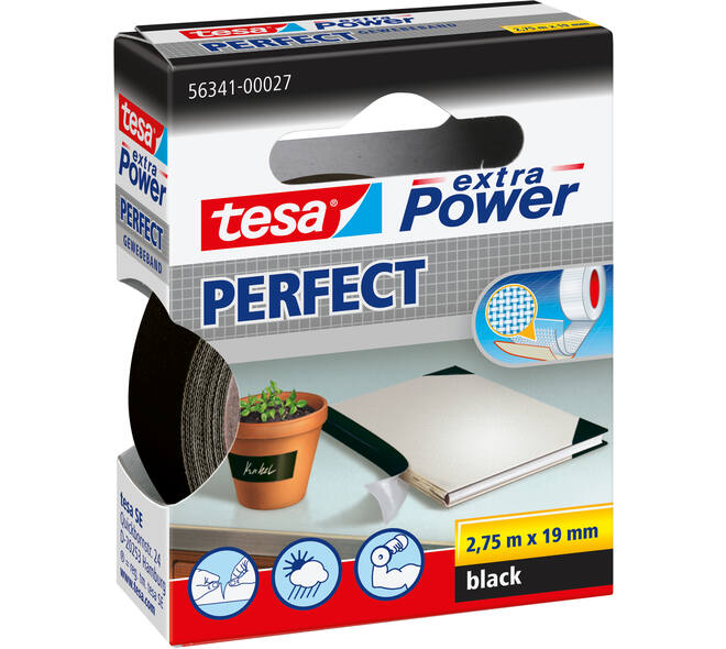 Tesa Extra Power Perfect 2.75 m x 19 mm Zwart Ophangdoosje